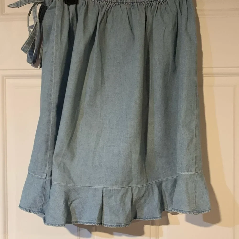 J Crew Mercantile Soft DenimBlue Mini Wrap Skirt with Ruffled Hem
